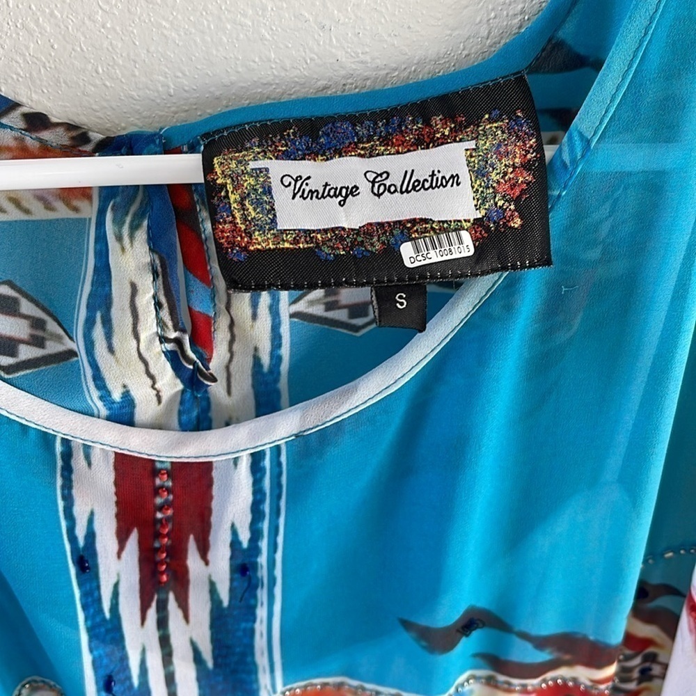 VINTAGE COLLECTIONS  Southwestern Aztec Blue Beaded Handkerchief Dress Size S - Picture 5 of 12